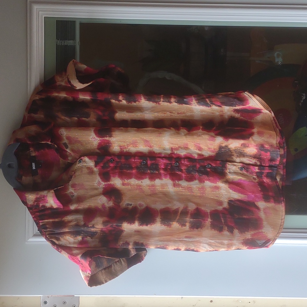 Y2K DKNY Sheer Button Up Blouse Vintage Metallic Tie Dye 90s Lightweight Summer - Picture 8 of 10